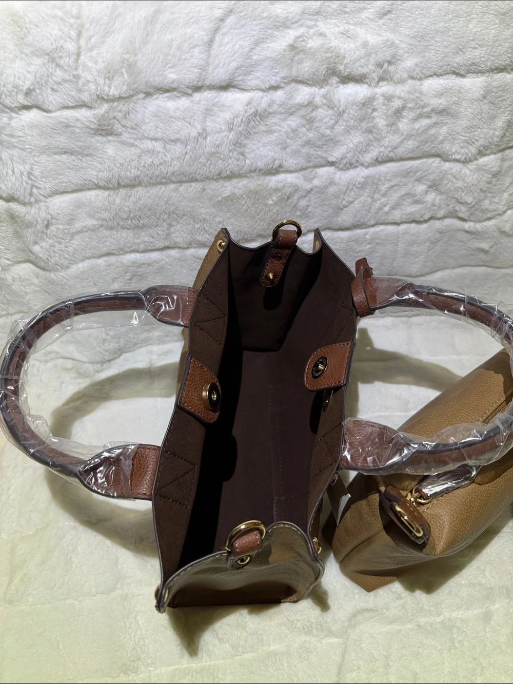 Tan & Brown Structured Tote Bag with snap in pouch and crossbody strap